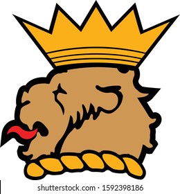 Bold color modern traditional illustrated vector of heraldry style lion head with tongue sticking out wearing a crown graphic logo design concept template easy to edit