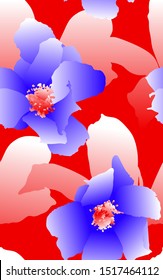 Bold color red and blue gradient tropical flowers seamless pattern, modern simple mono color vintage - retro 80s & 90s vibes