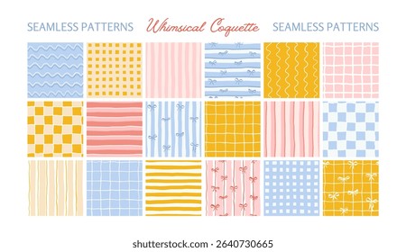 Bold Color Striped Backgrounds Simple Checkered Vector Seamless Patterns Set with Ribbon Bow Mediterranean Summer Travel Themed Design, Fabric Textile, Kitchen Decor. Illustrations Under Clipping Mask