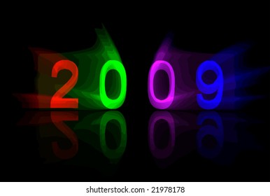 Bold and colorful '2009' vector with 3D, reflection, and lighting effects.