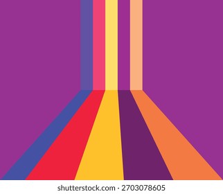 Bold, colorful, abstract composition with vertical and diagonal rainbow stripes that converge toward the center, evoking energy and movement. Ideal for modern design, technology, fashion, 