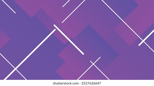 Um design abstrato arrojado e colorido com retângulos roxos e azuis em camadas, intersetados por linhas brancas. Ideal para fundos modernos e elementos de design