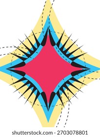 A bold, colorful abstract design featuring a diamond-shaped starburst with black spikes, blue outlines, and a pink center, evoking energy, movement, and modern art aesthetics.