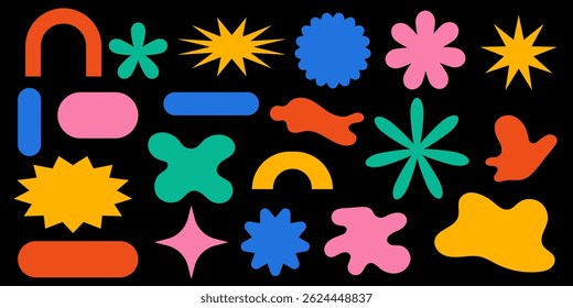 Bold colorful abstract geometric and organic shapes on black background. Perfect for modern posters, album covers, web design, or playful branding projects. Vector EPS 10