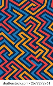 A bold and colorful abstract pattern featuring zigzagging lines in red, orange, and blue against a dark background. The design resembles an interlocking maze with sharp angles and rhythmic repetition,