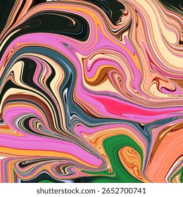 Bold and colorful abstract swirl art with fluid motion in pink, green, black, and peach hues. Dynamic composition ideal for prints, backgrounds, or fashion design.

