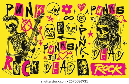 Bold and colorful artwork showcases punk rock elements. Skulls skeletons and vibrant text highlight the spirit of punk culture set against a bright yellow background.