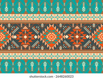 A bold and colorful Aztec-inspired tribal pattern with geometric diamonds and arrows in teal, orange, black, and cream.