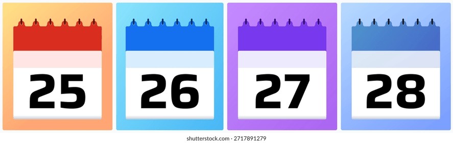 Fette bunte Kalender-Datumssatz 25, 26, 27 und 28 im flachen Stil, perfekt für Aufmerksamkeitsplaner, Erinnerungen und moderne Planungsvisuals
