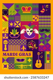 A bold and colorful carnival-themed typography artwork inspired by Mardi Gras. Features decorative text and festive elements. A vector illustration.