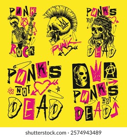 Bold and colorful design showcasing punk culture with skeletons safety pins and rebellious phrases about punk not being dead. Ideal for music lovers and alternative fashion.