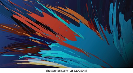 A bold and colorful digital abstract composition featuring energetic brush strokes in red, blue, and orange hues. Perfect for backgrounds, creative designs, or modern artistic themes.