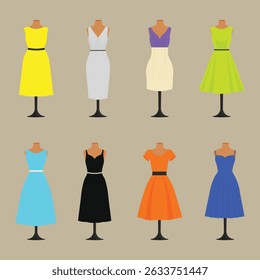 bold coleção de vestidos coloridos na ilustração do vetor de manequins.