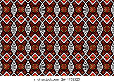 Bold and colorful ethnic geometric pattern featuring symmetrical diamond shapes with intricate pixel-style details in red, green, white, and black. This seamless design evokes traditional textile 