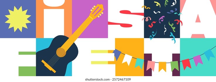 Bold and colorful fiesta banner with geometric pattern and festive decorations. Vibrant carnival flyer featuring guitar, confetti and cultural symbols. Perfect for celebrations, parade and music event