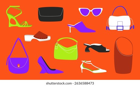 A bold and colorful flat vector illustration featuring a variety of stylish women's fashion accessories on a bright orange background. Perfect for use in fashion magazines, online stores, advertising
