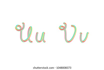 Bold colorful font. 3D effect alphabet. Handwritten letters formed by twisted lines. Calligraphic font style. Vector design template elements.