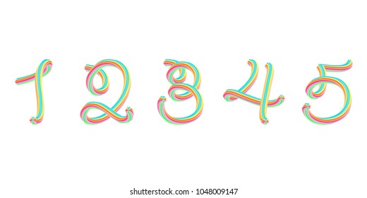 Bold colorful font. 3D effect alphabet. Handwritten numbers formed by twisted lines. Calligraphic font style, vector design template elements.