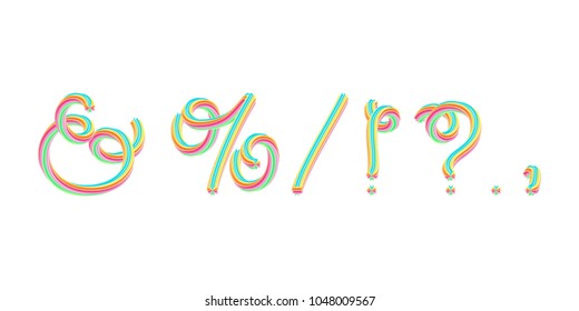 Bold colorful font. 3D effect alphabet. Handwritten signs formed by twisted lines. Calligraphic font style, vector design template elements.
