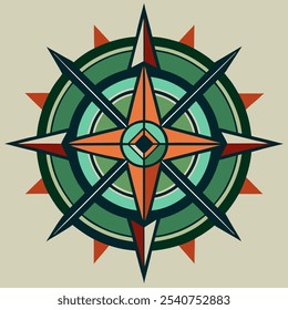 A bold and colorful geometric compass design, featuring a central star and concentric circles, perfect for adding a touch of vintage style to your projects.