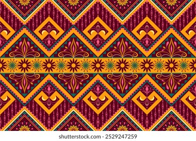 A bold and colorful geometric floral pattern with intricate yellow, green, and maroon accents. Ideal for ethnic-inspired designs, textiles, wallpapers, and decorative projects.