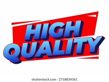 Un Diseño gráfico atrevido y colorido con el texto ALTA CALIDAD en estilo 3D, sobre un fondo rojo vibrante con Formas dinámicas.