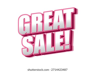 Un gráfico atrevido y colorido con el texto Great Sale! en un estilo tridimensional con colores rosa y blanco, ideal para Materiales promocionales.