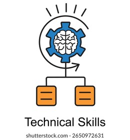 Um ícone arrojado e colorido representando ferramentas, engrenagens ou blocos de código, simbolizando as capacidades práticas e o conhecimento especializado usado em campos como desenvolvimento de software, engenharia e digital 