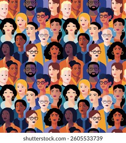 Bold colorful illustration of diverse group or crowd of people from different backgrounds and cultures. Celebrates inclusion, equality, and unity. Seamlessly tiling background pattern.