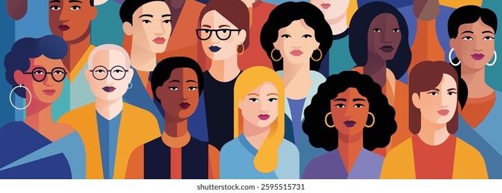 Bold and colorful illustration representing a diverse group of women from different backgrounds and cultures. Celebrates inclusion, equality, and unity.