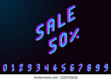 bold colorful isometric pixel 3d font. modern bright uppercase geometric alphabet numbers set. stock vector illustration clipart
