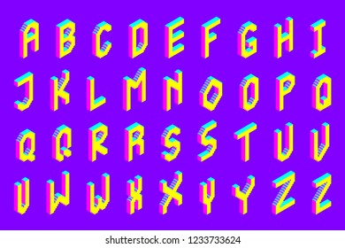 bold colorful isometric pixel 3d font. modern bright uppercase geometric alphabet letters set. stock vector illustration clipart