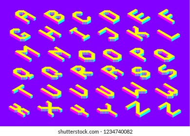 bold colorful isometric pixel 3d font. modern bright uppercase geometric alphabet letters set. stock vector illustration clipart
