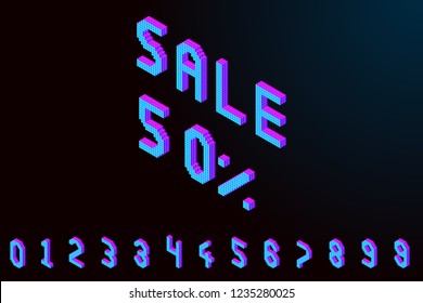 bold colorful isometric pixel 3d font. modern bright uppercase geometric alphabet numbers set. stock vector illustration clipart