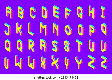 bold colorful isometric pixel 3d font. modern bright uppercase geometric alphabet letters set. stock vector illustration clipart