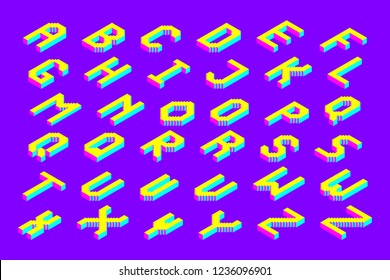bold colorful isometric pixel 3d font. modern bright uppercase geometric alphabet letters set. stock vector illustration clipart