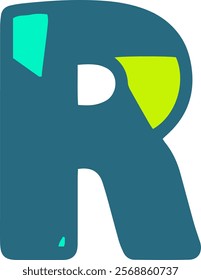 Bold and colorful letter R in a modern, abstract style. The letter features teal, lime green, and turquoise accents, making it visually striking and perfect for creative design projects