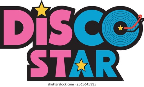 A bold, colorful logo for 'DISCO STAR' with 'DISCO' in red, 'STAR' in yellow,. A vinyl record with a star adds a playful, music-themed touch.






