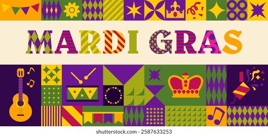 A bold and colorful mosaic-inspired vector artwork featuring Mardi Gras elements like masks, musical instruments, and festive decorations.