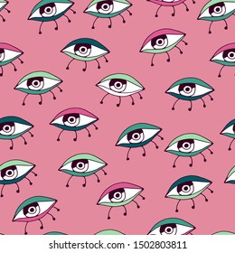 Bold colorful  pattern with eyes, pop and modern  art  inspired drawing. Pink and emerald green.