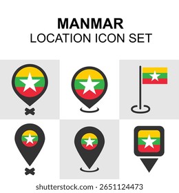 Bold and colorful pins featuring the flag of Myanmar for Southeast Asian projects.