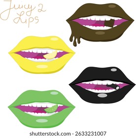  bold and colorful pop art set featuring vibrant lips in various colors, each containing a fun edible element