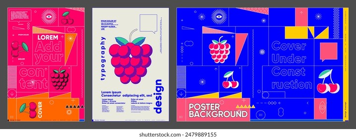 Bold and colorful poster designs with a mix of fruit imagery and geometric shapes, highlighted by engaging typography and a vibrant Bauhaus influence.