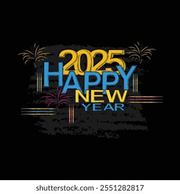 a bold and colorful retro-themed happy new year 2025 design with neon typography, glowing fireworks, and a vibrant celebration on a dark background