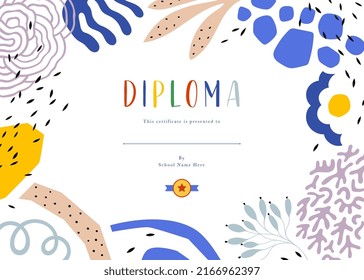 Bold colorful school and preschool diploma certificate for children in kindergarten or primary grades with geometric and floral elements on white background. Trendy vector flat illustration template.