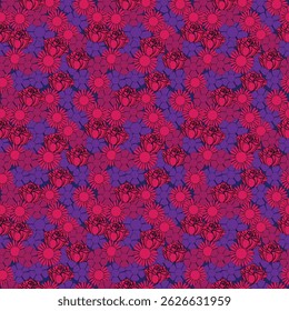 A bold and colorful seamless floral pattern with pink, red, and purple flowers. The vibrant contrast gives it a modern, eye-catching look—perfect for textiles, fashion prints, or digital backgrounds.