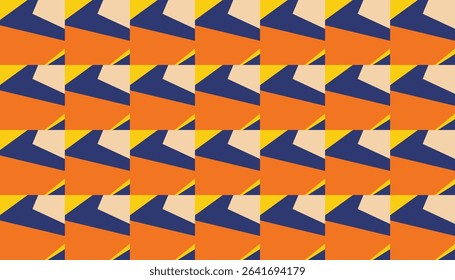 Bold and colorful seamless geometric pattern featuring angular shapes in vibrant orange, navy blue, yellow, and beige. This retro-inspired abstract design adds energy and movement
