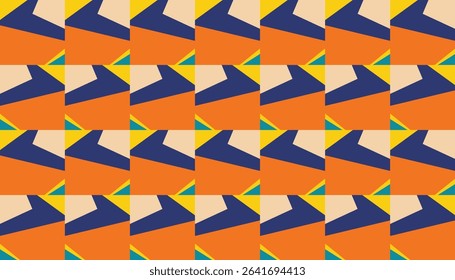 Bold and colorful seamless geometric pattern featuring angular shapes in vibrant orange, navy blue, yellow, and beige. This retro-inspired abstract design adds energy and movement