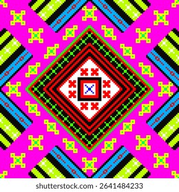 A bold and colorful seamless pattern featuring traditional diamond motifs in red and brown over a bright pink pixel background. The design draws inspiration from ethnic weaving, ideal for fabric, fest