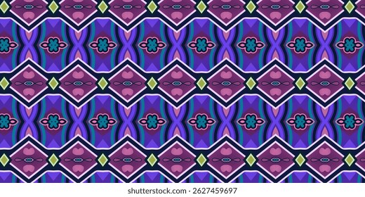A bold and colorful seamless pattern with vintage-inspired motifs in purple, navy, and green tones.
